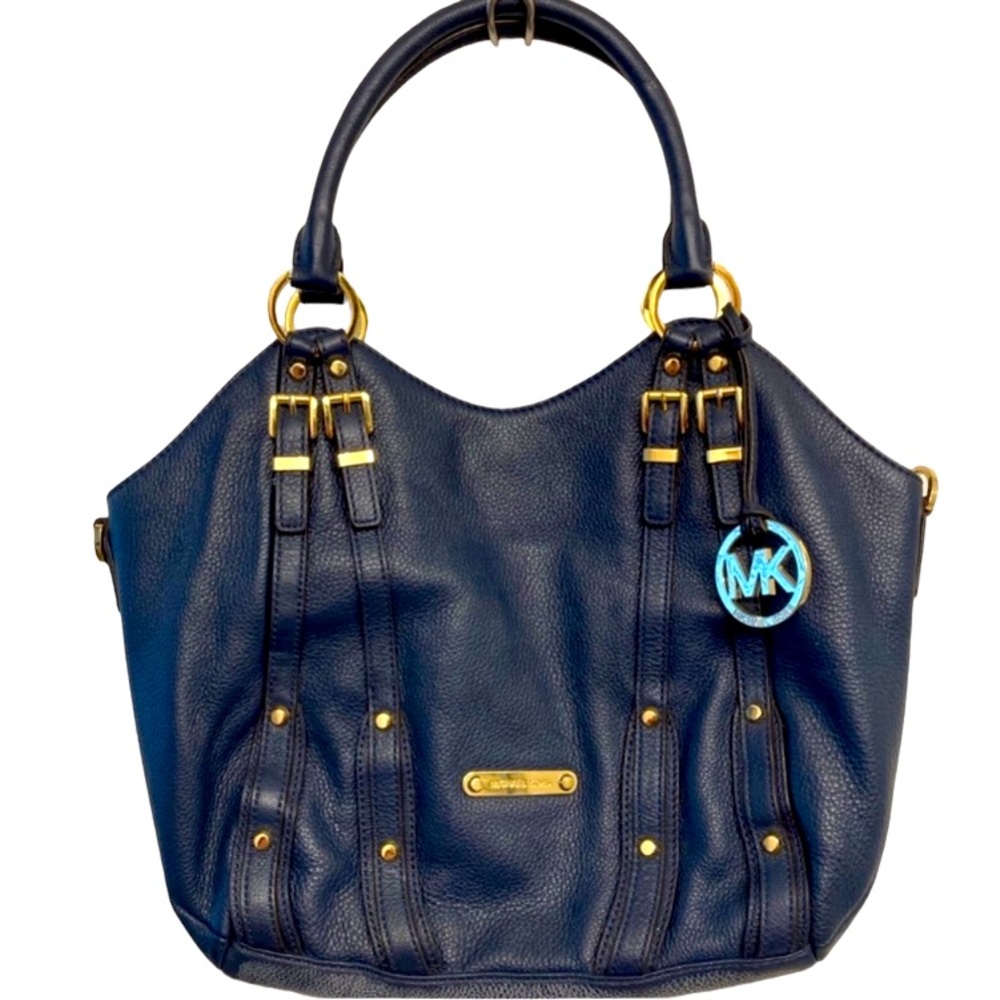 Dark Blue Michael Kors Purse With Gold Detailing. Four Inside Pockets.